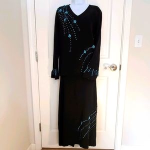 Kathy Levine Turquoise Beaded Blk Sweater & Skirt